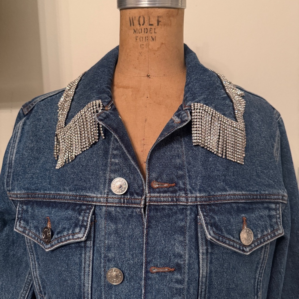 Sandro Noemie Rhinestone Fringe Denim Trucker Jacket - Picture 3 of 9
